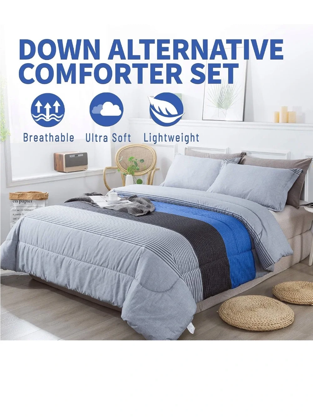 Andency Stripe Blue Comforter Set King Size, 3 Pieces Gray and Blue Patchwork